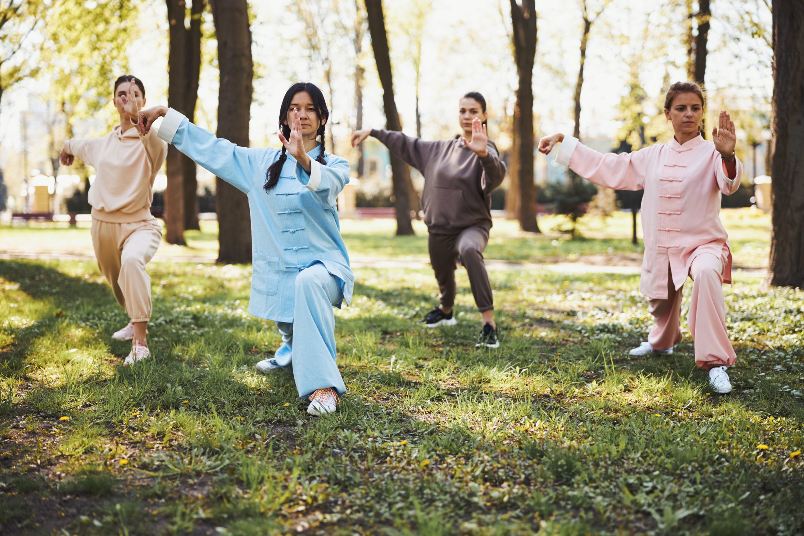 Outdoor practice of single whip technique in the park