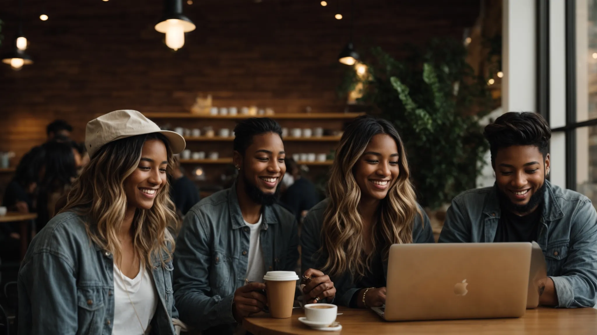 a group of friends in a coffee shop, each on their laptops, smiling and engaged in their work.