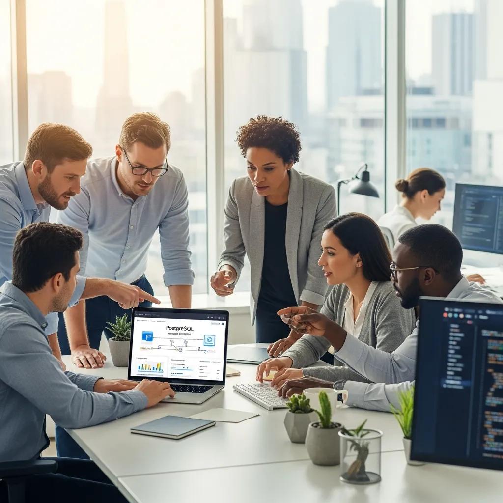 Team collaboration in a modern office setting focused on managed PostgreSQL services