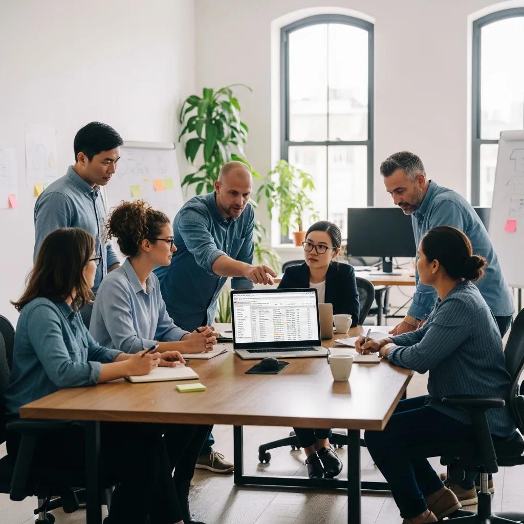 Team collaborating on PostgreSQL database management in a modern office